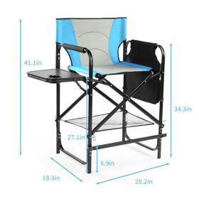 26" Tall Directors Chair with Footrest, 4Portable Bar Height Folding Camping Chair with Built-in Cup Holder, Side Table, Storage Pocket, Blue & G