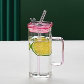 1 Pcs Pink Glass Straw Cup, 6 Colors Square Glass Cup With Straw And Lid, High Borosilicate Glass Cup, Milk Cup, Juice Cup, Cold Drink Cup, Coffe (Option: pink)
