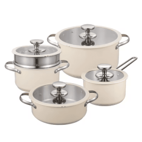 9pcs Stainless Steel Ceramic Coated Pot Set, Including 1 Milk Pot, 2 Stockpots, 1 Non-stick Pan, 4 LIDS And 1 Steamer (Option: beige)